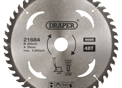 Draper TCT Circular Saw Blade for Wood, 255 x 30mm, 48T 21684 Draper - Town Tools
