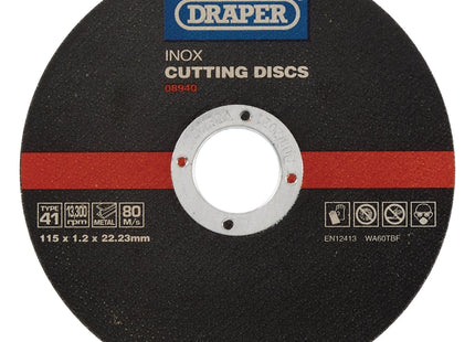 Draper Inox Flat Metal Cutting Discs, 115 x 22.2 x 1.2mm (Pack of 10) 08940 Draper - Town Tools 