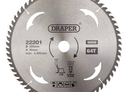 Draper TCT Circular Saw Blade for Wood, 305 x 30mm, 64T 22201 Draper - Town Tools 