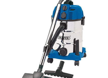 Draper 230V Wet and Dry Vacuum Cleaner with Stainless Steel Tank and Integrated Draper - Town Tools 