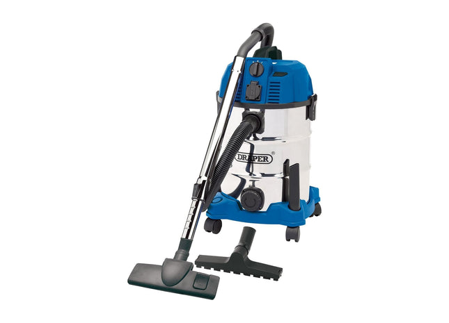 Draper 230V Wet and Dry Vacuum Cleaner with Stainless Steel Tank and Integrated Draper - Town Tools 