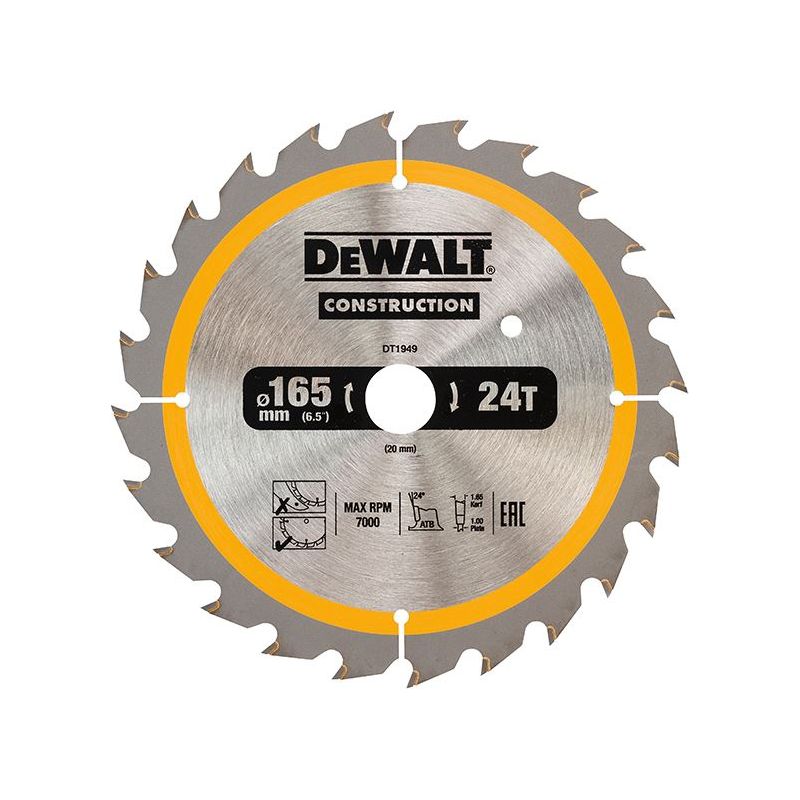 Dewalt Power Tools Cordless Construction Trim Saw Blade 165 x 20mm x 24T DeWALT Power Tools - RockBottom Northampton