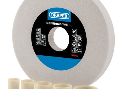 Draper Aluminium Oxide Bench Grinding Wheel, 150 x 20mm, 80 Grit, White 99569 Draper - Town Tools 