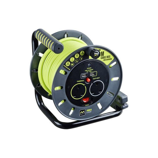 Masterplug PRO-XT Open Cable Reel 240V 13A 2-Socket & 2 USB (2.1A Shared) 25m Masterplug - RockBottom Northampton