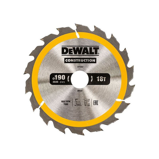 Dewalt Power Tools Portable Construction Circular Saw Blade 190 x 30mm x 18T DeWALT Power Tools - RockBottom Northampton