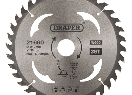 Draper TCT Circular Saw Blade for Wood, 210 x 30mm, 36T 21660 Draper - Town Tools 