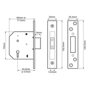 Union 2101 5 Lever Mortice Deadlock Satin Brass Finish 65mm 2.5in Box UNION - RockBottom Northampton
