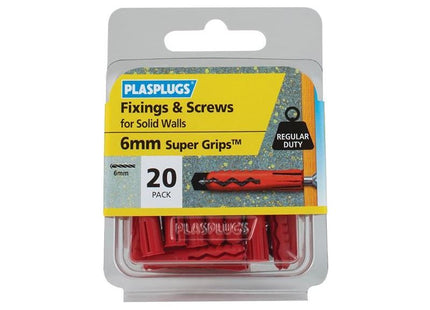 Plasplugs Solid Wall Super Grips™ Fixings Red & Screws Pack of 20 Plasplugs - RockBottom Nothampton