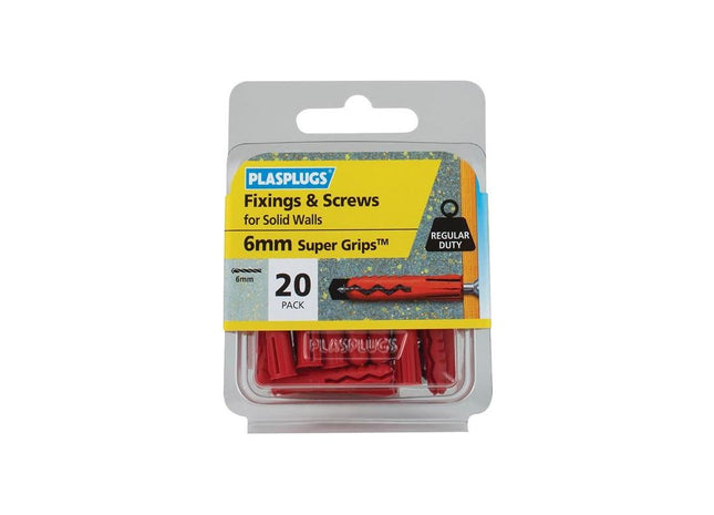 Plasplugs Solid Wall Super Grips™ Fixings Red & Screws Pack of 20 Plasplugs - RockBottom Nothampton