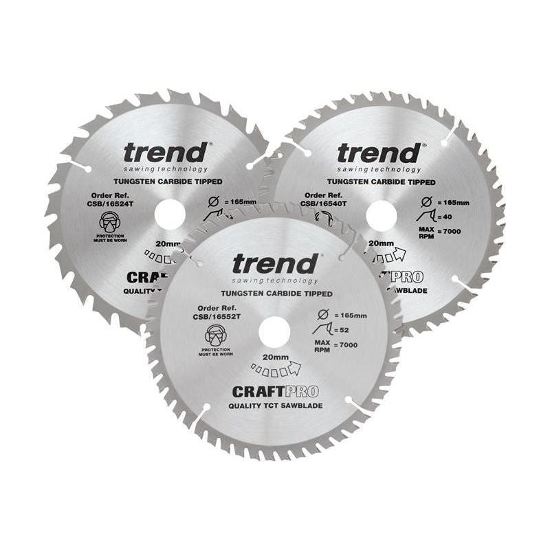 Trend CraftPro Cordless Saw Blade 165 x 20mm x 24T/40T/52T (Pack 3) Trend - RockBottom Northampton