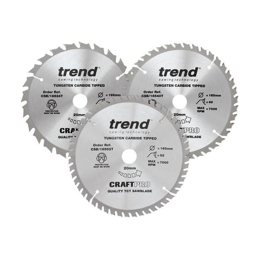 Trend CraftPro Cordless Saw Blade 165 x 20mm x 24T/40T/52T (Pack 3) Trend - RockBottom Northampton