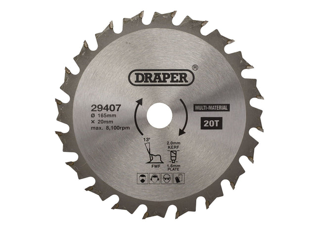 Draper TCT Multi-Purpose Circular Saw Blade, 165 x 20mm, 20T 29407 Draper - Town Tools 