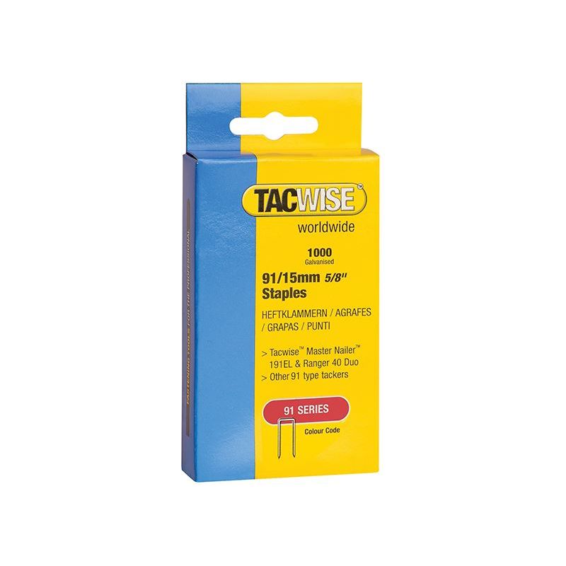 Tacwise 91 Narrow Crown Staples 15mm - Electric Tackers (Pack 1000) Tacwise - RockBottom Northampton