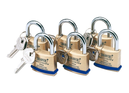 Draper Solid Brass Padlocks with Hardened Steel Shackle, 40mm (Pack of 6) 67659 Draper - Town Tools 