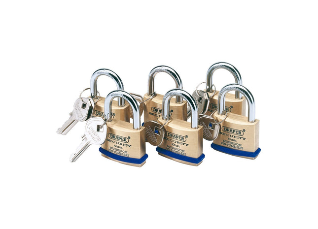 Draper Solid Brass Padlocks with Hardened Steel Shackle, 40mm (Pack of 6) 67659 Draper - Town Tools 