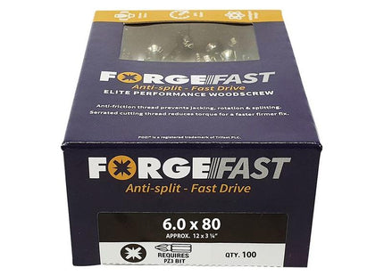 Forgefix ForgeFast Pozi Compatible Elite Performance Wood Screw ZY 6.0 x 80mm Box 100 ForgeFix - RockBottom Northampton