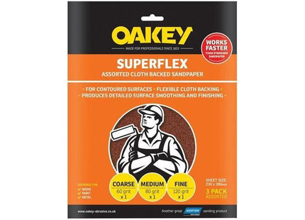 Oakey Superflex Cloth Backed Aluminium Oxide Sheets 230 x 280mm Assorted (3) Oakey - RockBottom Nothampton