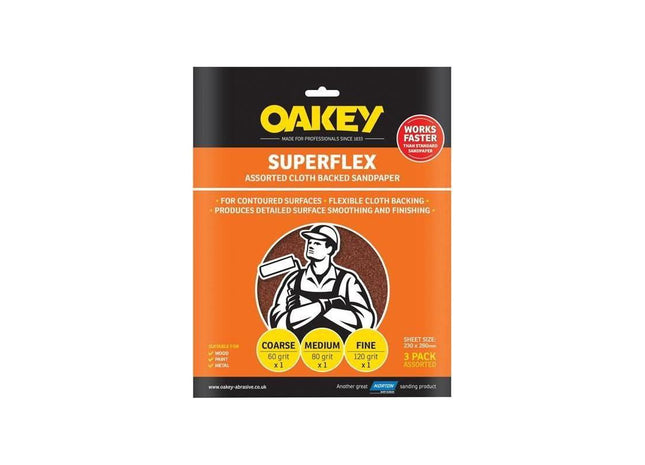Oakey Superflex Cloth Backed Aluminium Oxide Sheets 230 x 280mm Assorted (3) Oakey - RockBottom Nothampton