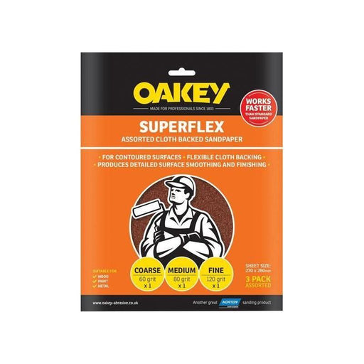 Oakey Superflex Cloth Backed Aluminium Oxide Sheets 230 x 280mm Assorted (3) Oakey - RockBottom Nothampton