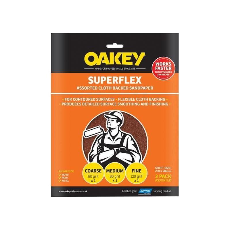 Oakey Superflex Cloth Backed Aluminium Oxide Sheets 230 x 280mm Assorted (3) Oakey - RockBottom Nothampton