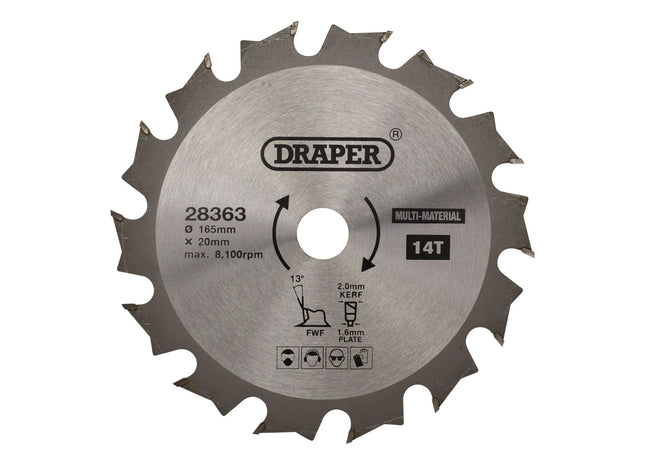 Draper TCT Multi-Purpose Circular Saw Blade, 165 x 20mm, 14T 28363 Draper - Town Tools 