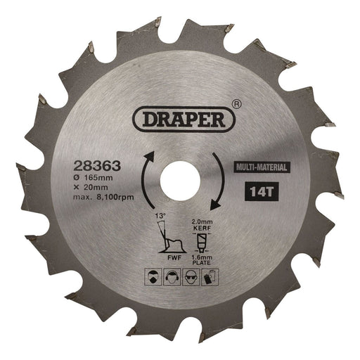 Draper TCT Multi-Purpose Circular Saw Blade, 165 x 20mm, 14T 28363 Draper - Town Tools 