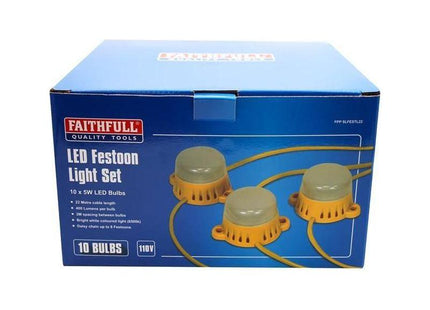 Faithfull Power Plus Festoon Lights 10 LED Bulbs 110V 22m Faithfull Power Plus - RockBottom Northampton