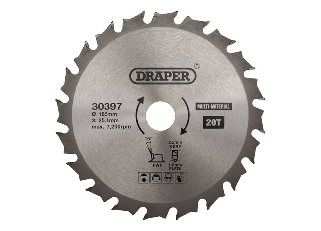 Draper TCT Multi-Purpose Circular Saw Blade, 185 x 25.4mm, 20T 30397 Draper - Town Tools 