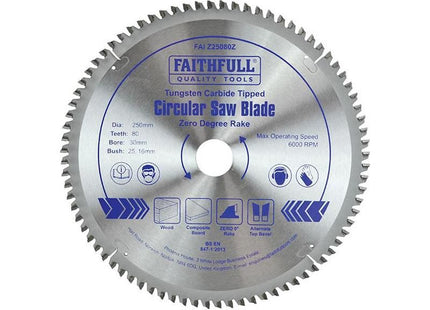 Faithfull TCT Circular Saw Blade Zero Degree 250 x 30mm x 80T Faithfull - RockBottom Northampton