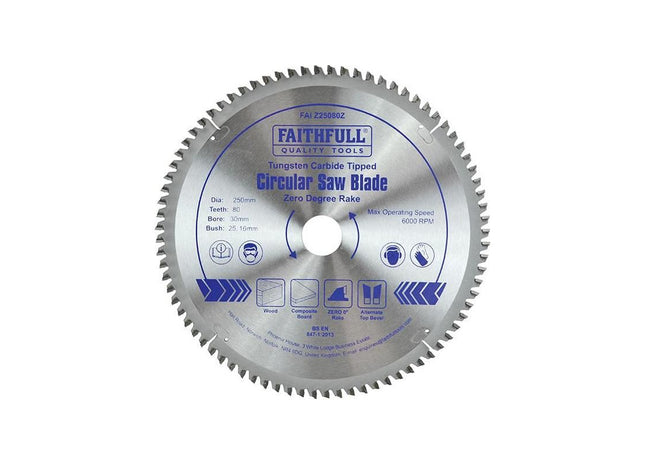 Faithfull TCT Circular Saw Blade Zero Degree 250 x 30mm x 80T Faithfull - RockBottom Northampton
