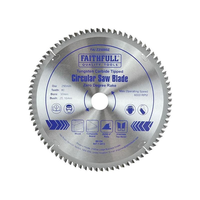 Faithfull TCT Circular Saw Blade Zero Degree 250 x 30mm x 80T Faithfull - RockBottom Northampton