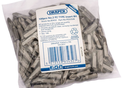 Draper PZ TYPE Insert Bits, 1/4", No.2 (Bag of 100) 83432 Draper - Town Tools 