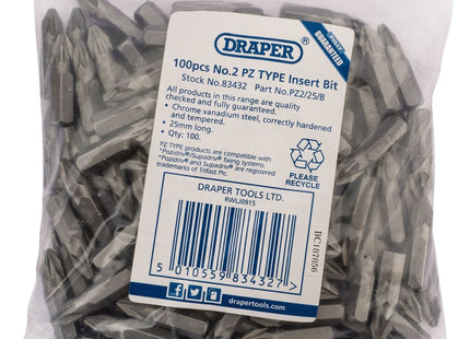 Draper PZ TYPE Insert Bits, 1/4", No.2 (Bag of 100) 83432 Draper - Town Tools 