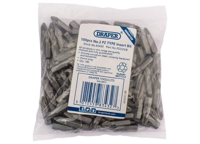 Draper PZ TYPE Insert Bits, 1/4", No.2 (Bag of 100) 83432 Draper - Town Tools 