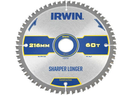 Irwin® Construction Mitre Circular Saw Blade 216 x 30mm x 60T ATB/Neg IRWIN® - RockBottom Northampton