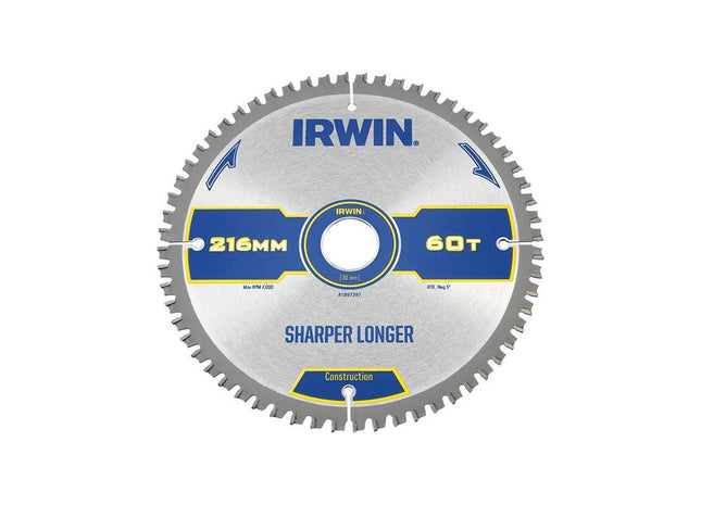 Irwin® Construction Mitre Circular Saw Blade 216 x 30mm x 60T ATB/Neg IRWIN® - RockBottom Northampton