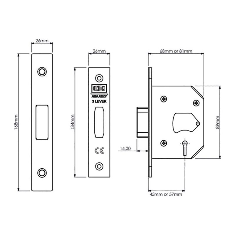 Union StrongBOLT 2103S 3 Lever Mortice Deadlock Polished Brass 81mm 3in Visi UNION - RockBottom Northampton