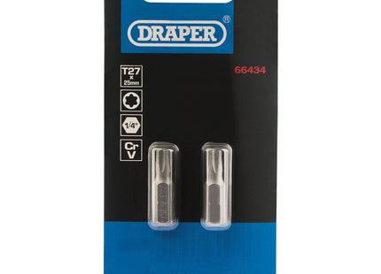 Draper TX-STAR Insert Bit, 1/4" Hex, 25mm Long, T27 (Pack of 2) Draper - Town Tools 