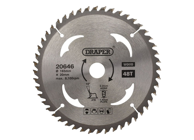 Draper TCT Circular Saw Blade for Wood, 165 x 20mm, 48T 20646 Draper - Town Tools 