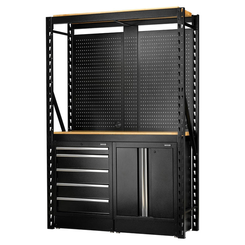 Bunker 15 Piece Modular Storage Combo 2 Tier Racking with Hardwood Shelving, Pegboards and Floor Cabinets, 1500mm Draper - Town Tools