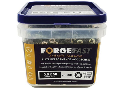 Forgefix ForgeFast Pozi Compatible Elite Performance Wood Screw ZY 5.0 x 50mm Tub 600 ForgeFix - RockBottom Northampton