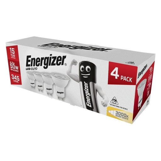 Energizer® LED GU10 50° Non-Dimmable Bulb, Warm White 345 lm 4.2W (Pack 4) Energizer® - RockBottom Northamptin