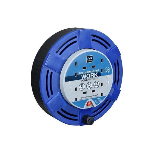 Masterplug Cassette Cable Reel 240V 13A 4-Socket Thermal Cut-Out Blue 8m Masterplug - RockBottom Northampton
