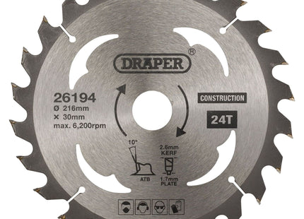 Draper TCT Construction Circular Saw Blade, 216 x 30mm, 24T 26194 Draper - Town Tools 