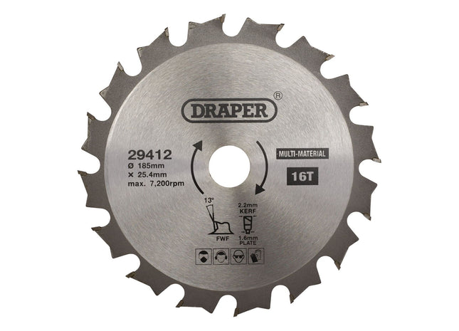 Draper TCT Multi-Purpose Circular Saw Blade, 185 x 25.4mm, 16T 29412 Draper - Town Tools 
