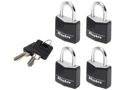 Master Lock Aluminium Black Vinyl Cover 20mm Padlock 3-Pin - Keyed Alike x 4 Master Lock - RockBottom Northampton
