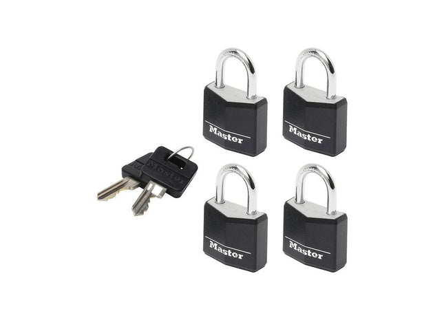 Master Lock Aluminium Black Vinyl Cover 20mm Padlock 3-Pin - Keyed Alike x 4 Master Lock - RockBottom Northampton