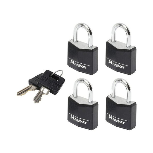 Master Lock Aluminium Black Vinyl Cover 20mm Padlock 3-Pin - Keyed Alike x 4 Master Lock - RockBottom Northampton