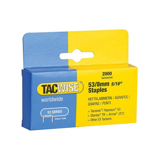 Tacwise 53 Light-Duty Staples 8mm (Type JT21 A) (Pack 2000) Tacwise - RockBottom Northampton