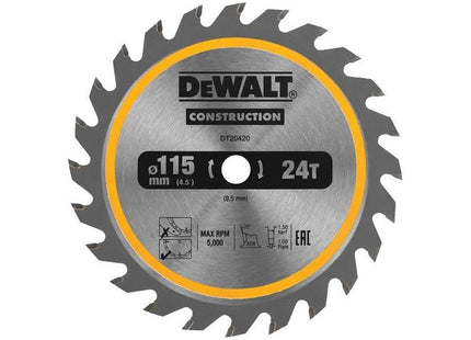 Dewalt Power Tools DT20420 TCT Construction Circular Saw Blade 115 x 9.5mm x 24T DeWALT Power Tools - RockBottom Northampton